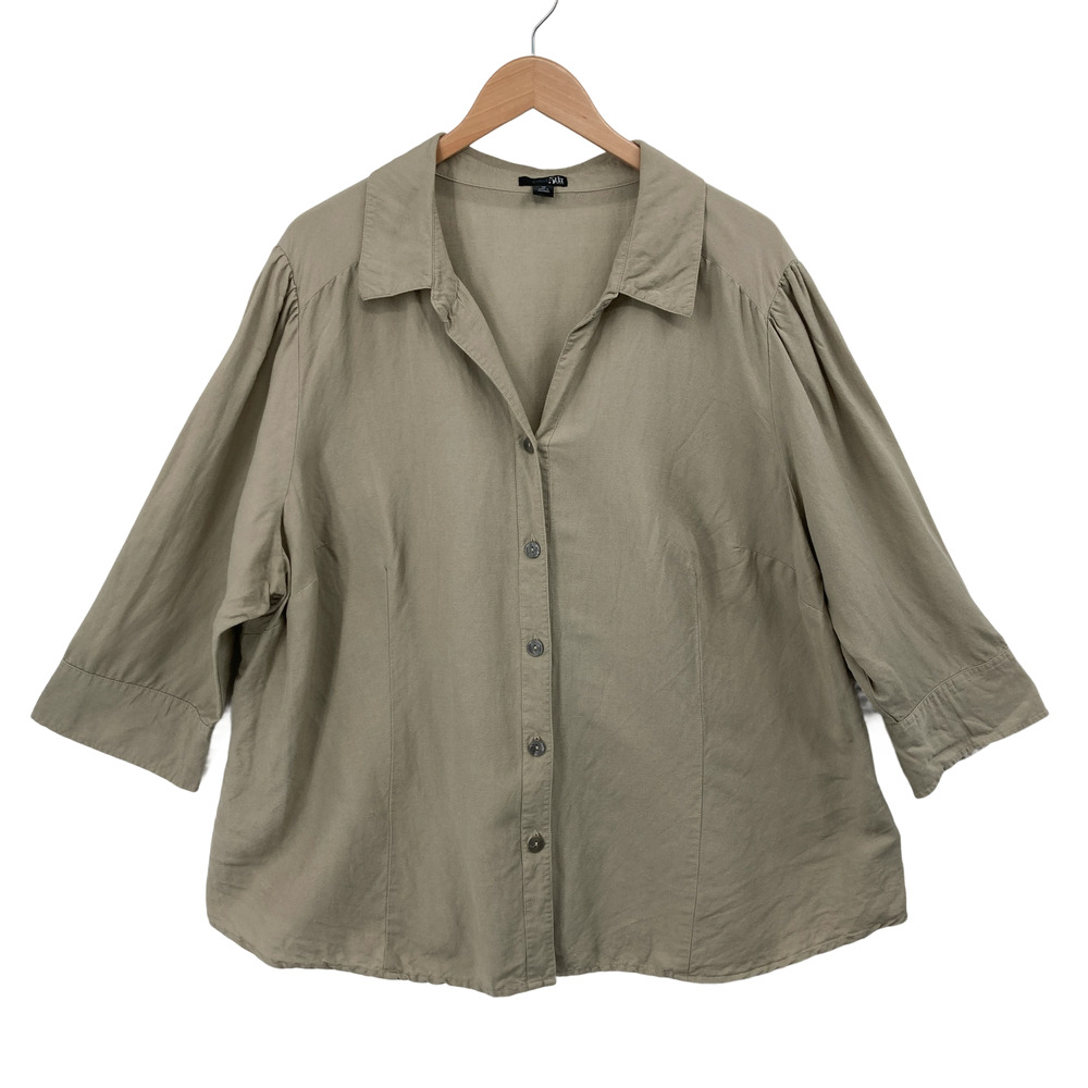 East 5th Khaki Linen Blend Puff Sleeve Button Front Shirt Woman Size 3X